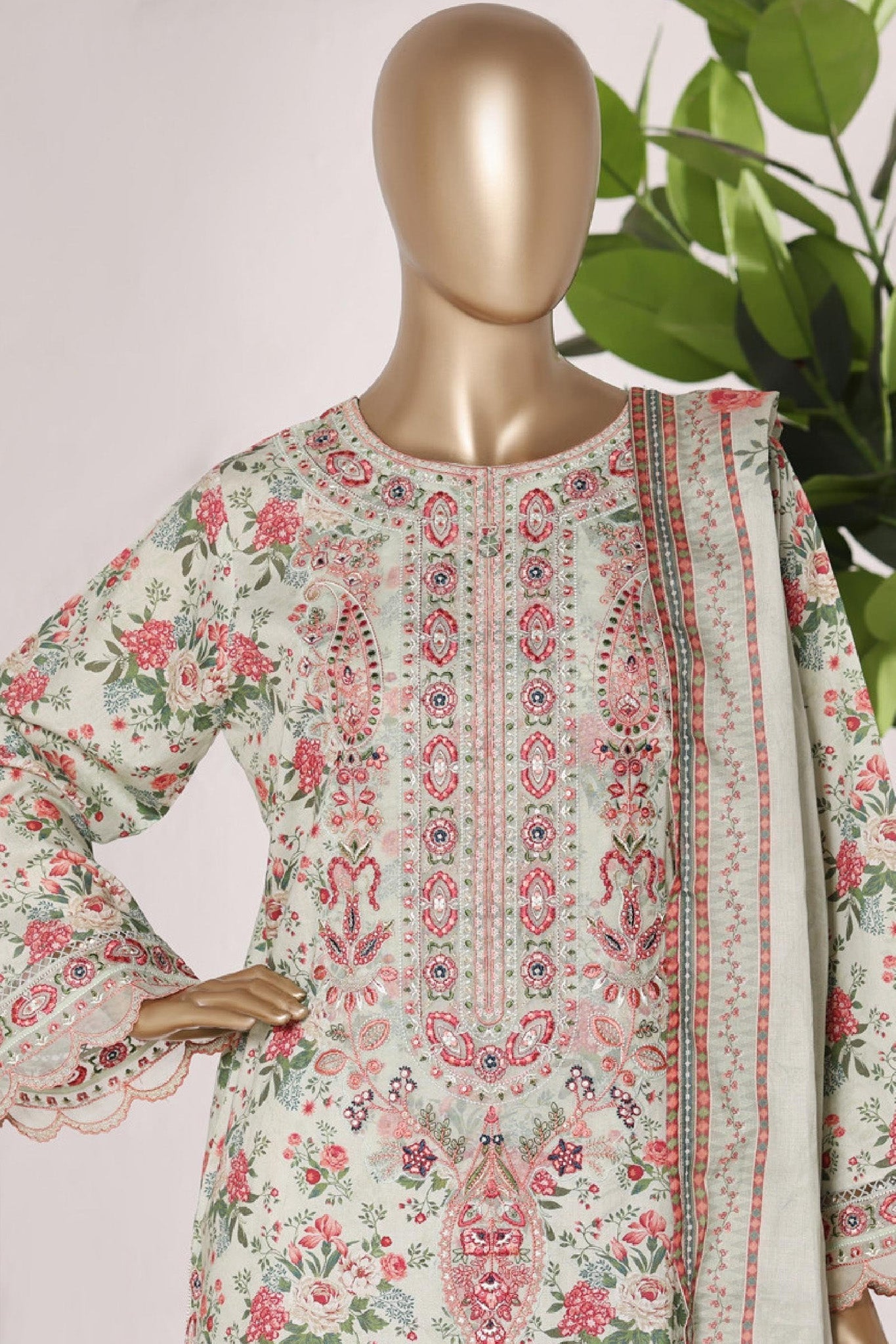 Bin Saeed Stitched 3 Piece Embroidery Lawn Short Length With Broad Flapper Eid Edition Collection 2026 D#04