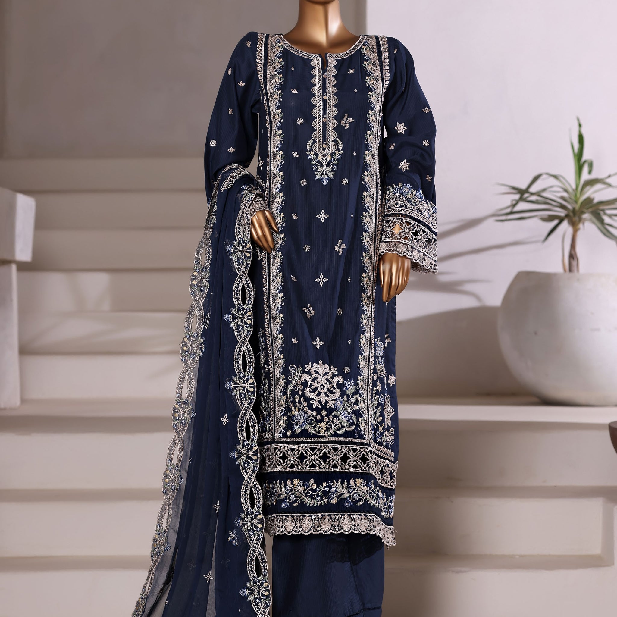 Sadabahar Luxury Viscous Embroidery With Chiffon Embroidery Dupatta Stitched Vol-01 Collection 2025. LEV-03 Blue