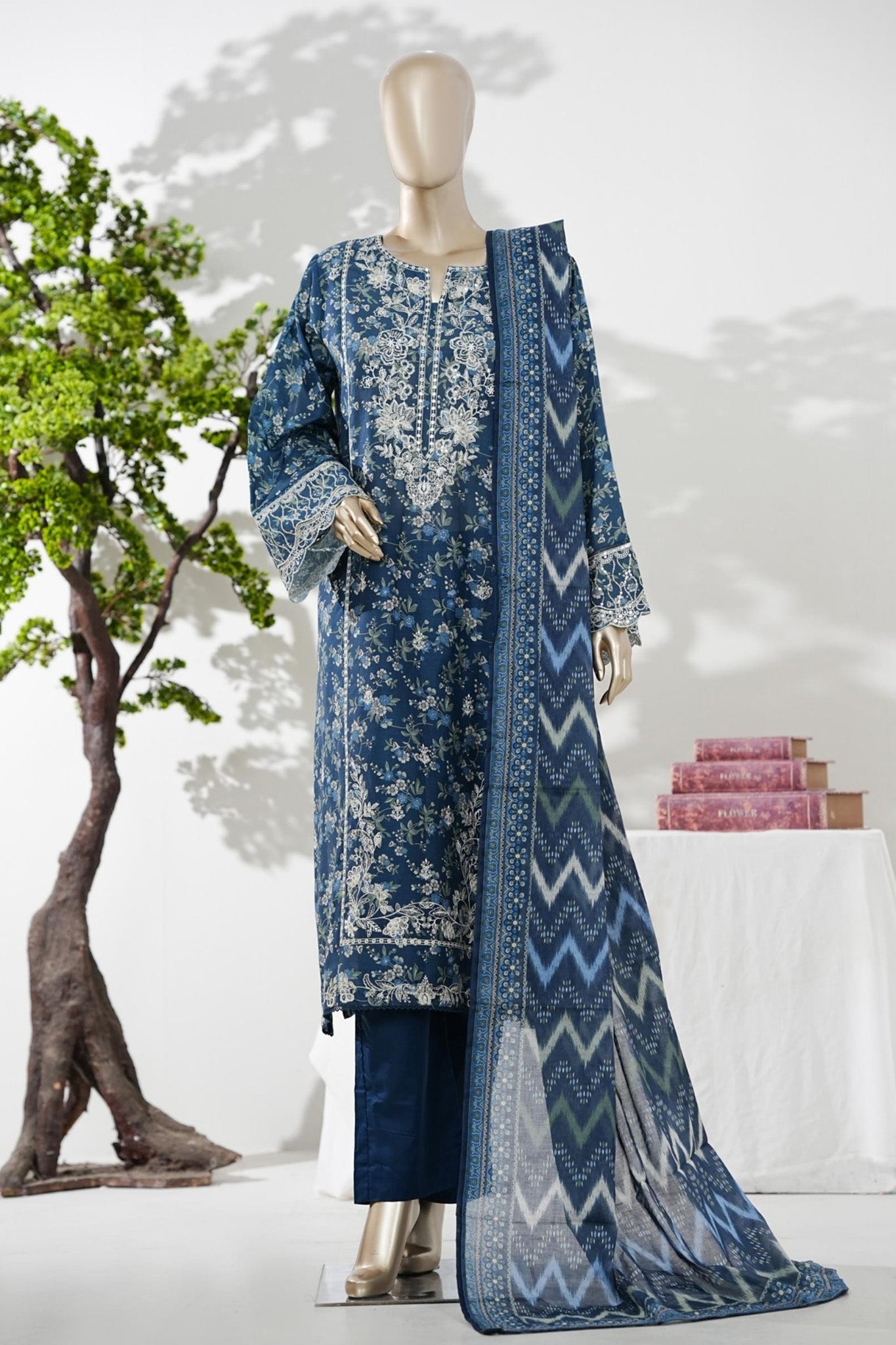 Bin Saeed Stitched 3 Piece Embroidery Lawn Long Length With Broad Flapper Eid Edition Collection 2026 D#12