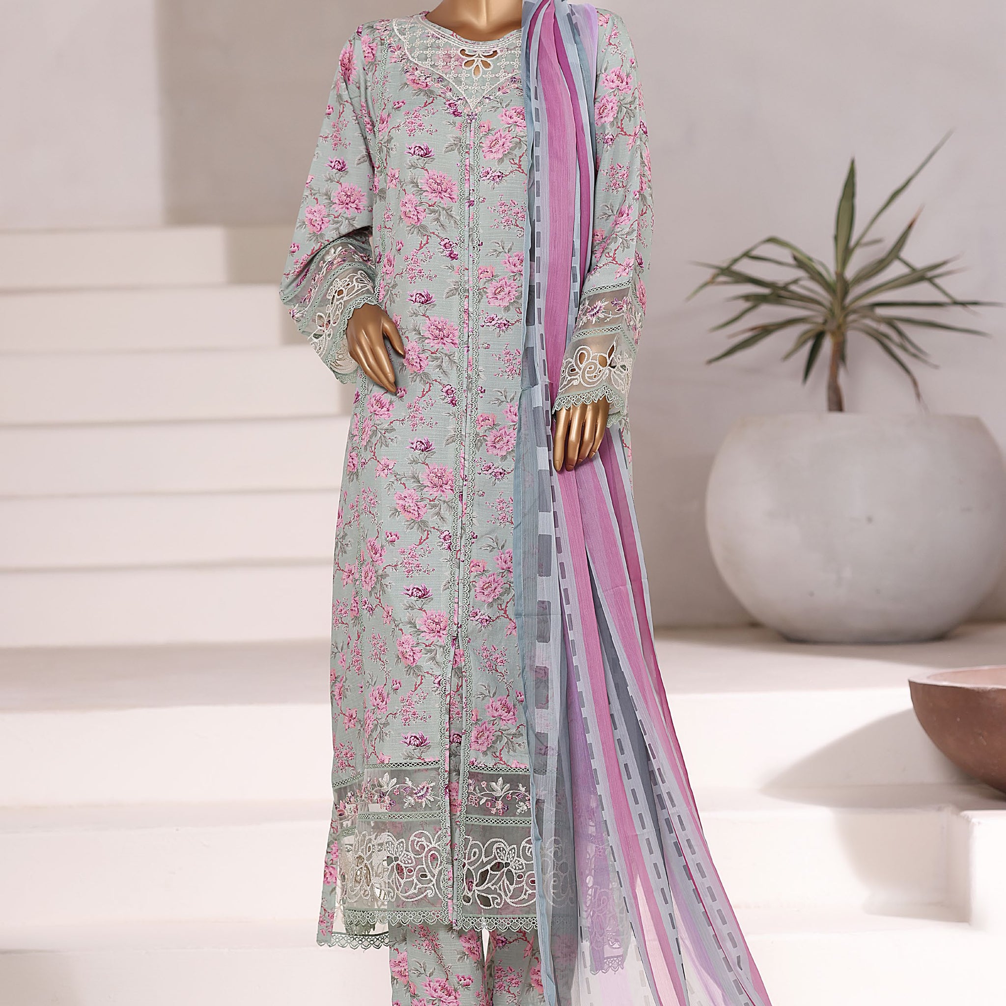 Sadabahar Malika Viscose Long Length With Chiffon Printed Dupatta 3Piece Stitched Collection 2025 Pista SDMVL- 004