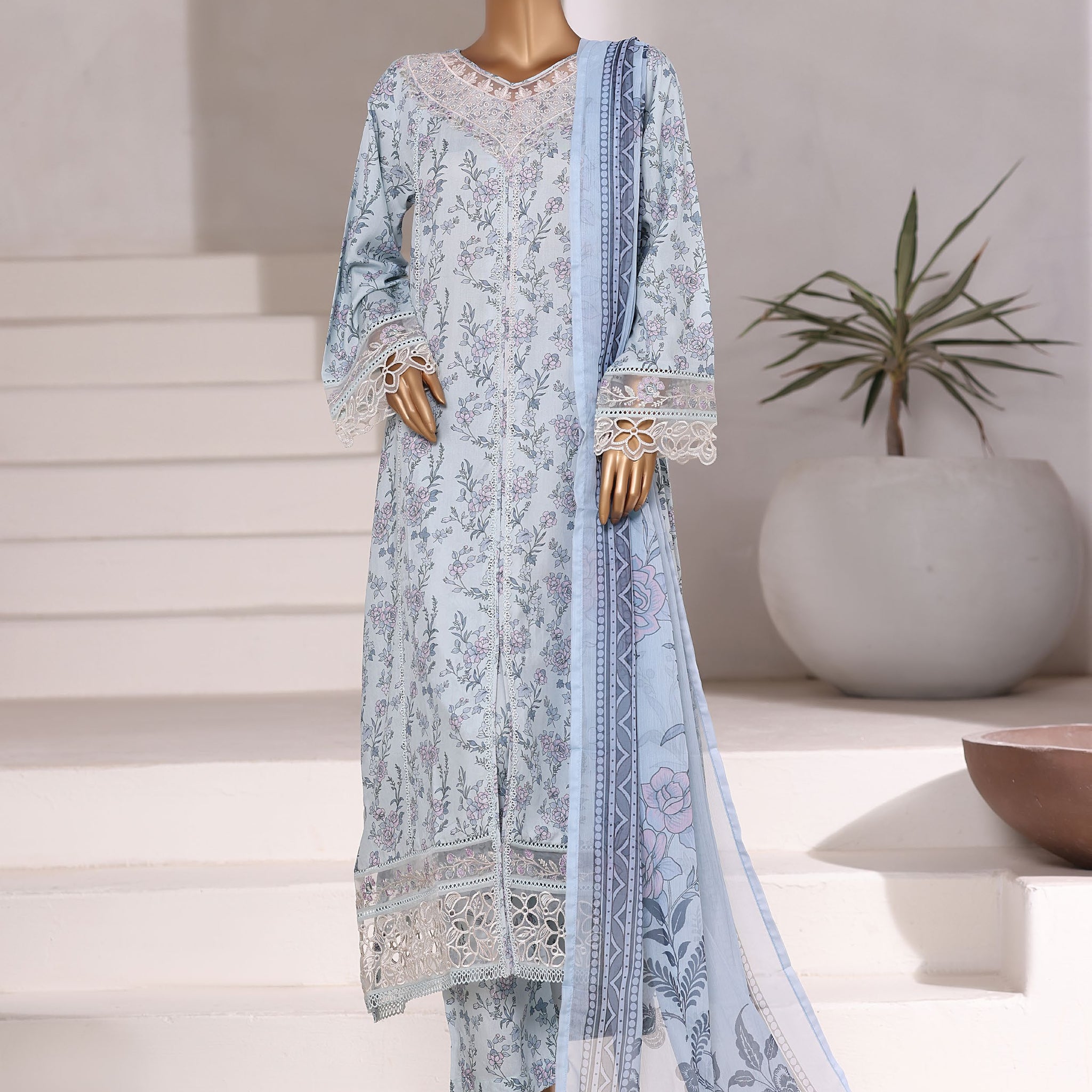 Sadabahar Malika Viscose Long Length With Chiffon Printed Dupatta 3Piece Stitched Collection 2025 Sky Blue SDMVL- 001