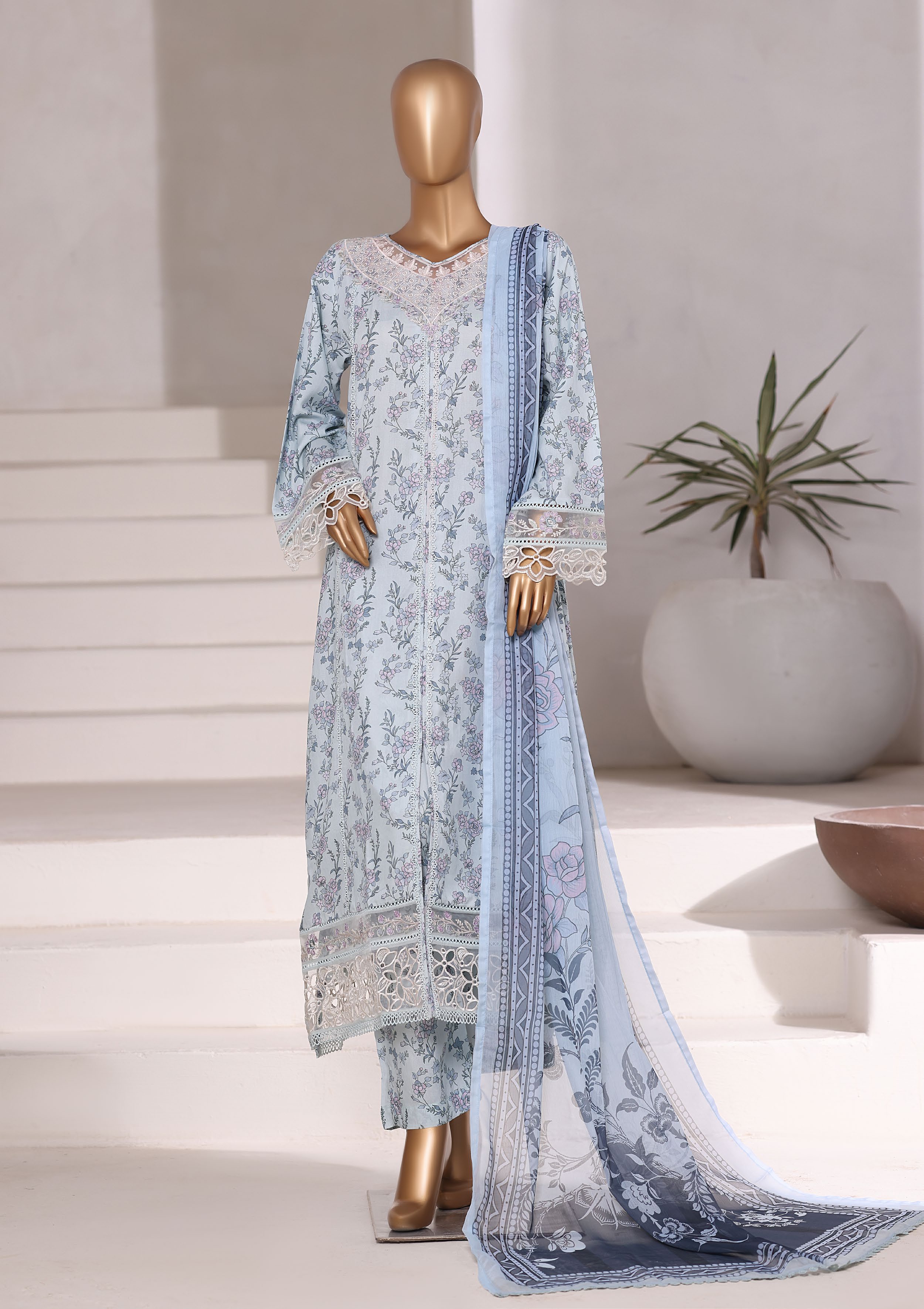 Sadabahar Malika Viscose Long Length With Chiffon Printed Dupatta 3Piece Stitched Collection 2025 Sky Blue SDMVL- 001