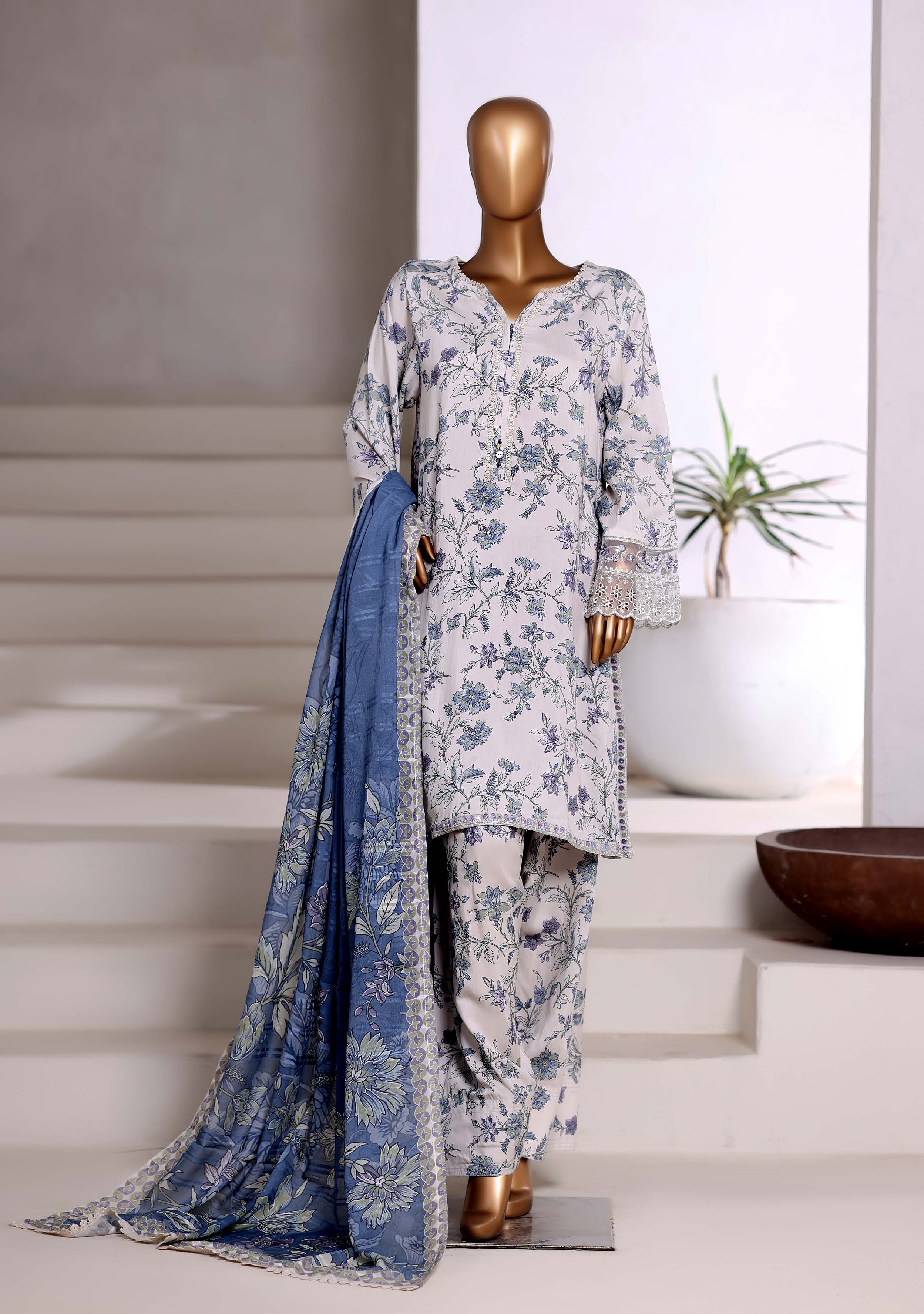 Sadabahar Malika Viscose Short Length Farshi Shalwar With Chiffon Printed Dupatta  3Piece Stitched Vol-02 Collection 2025 Cream Color SDMVS- 009
