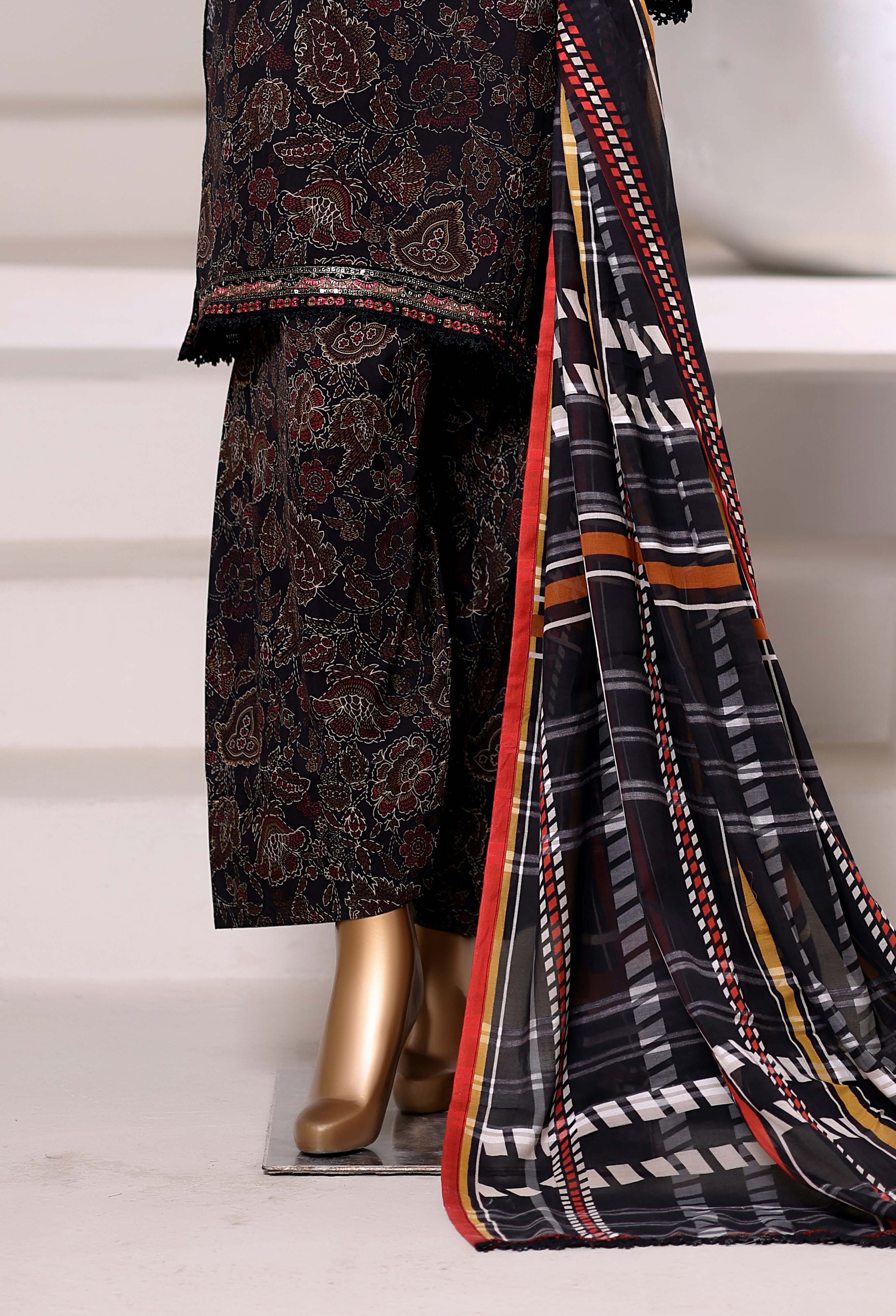 Sadabahar Malika Viscose Short Length Farshi Shalwar With Chiffon Printed Dupatta  3Piece Stitched Vol-02 Collection 2025 Black Color SDMVS- 005