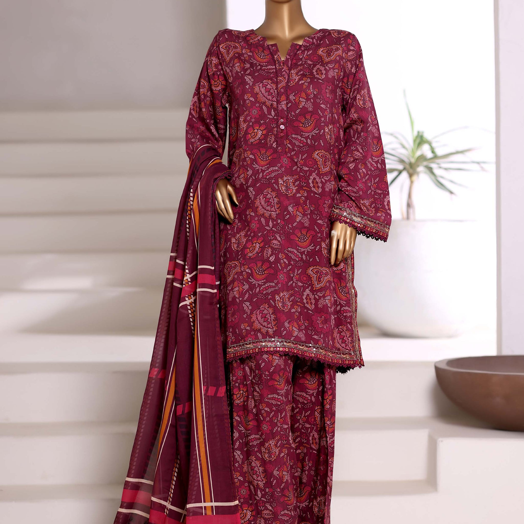 Sadabahar Malika Viscose Short Length Farshi Shalwar With Chiffon Printed Dupatta  3Piece Stitched Vol-02 Collection 2025 Dark Mahroon Color SDMVS- 008
