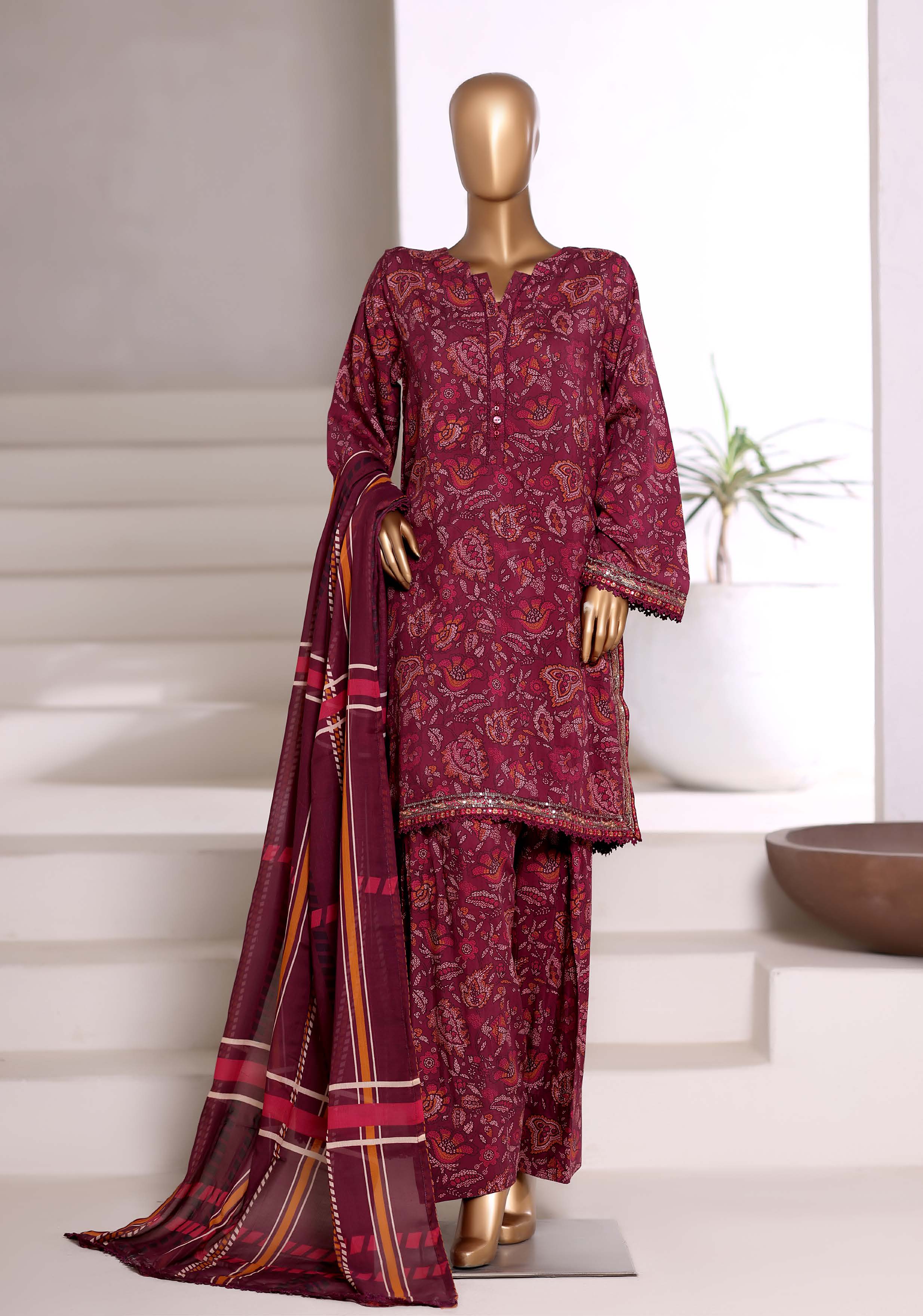 Sadabahar Malika Viscose Short Length Farshi Shalwar With Chiffon Printed Dupatta  3Piece Stitched Vol-02 Collection 2025 Dark Mahroon Color SDMVS- 008