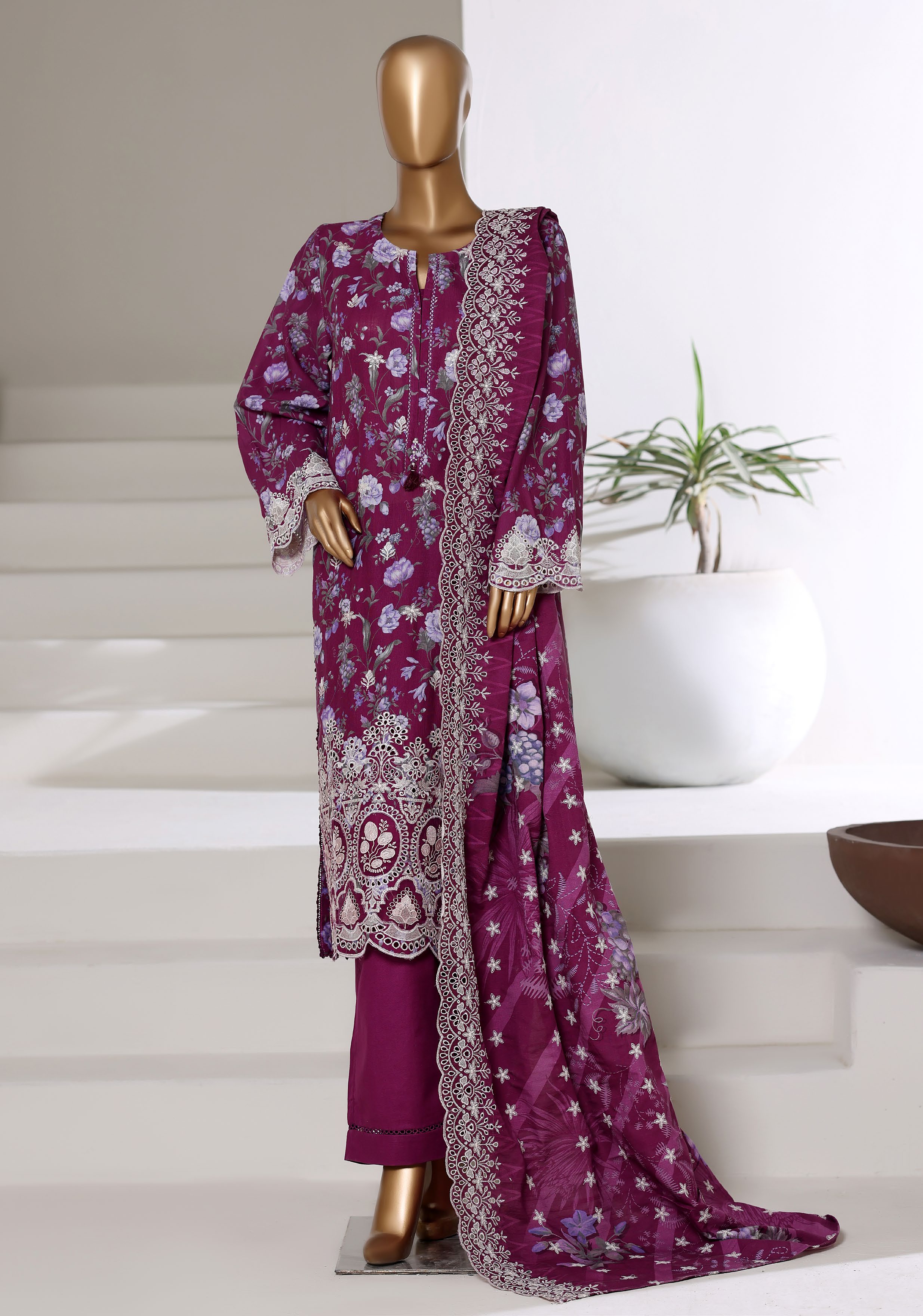 SADABAHAR RTW FUSION LASER CHICKENKARI EMBROIDERED KHADDAR 3PIECE COLLECTION 2025 SFKE -04