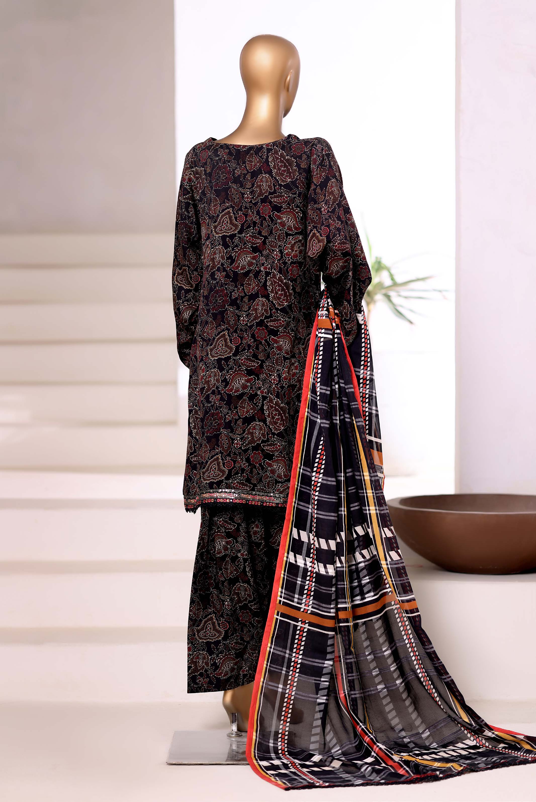 Sadabahar Malika Viscose Short Length Farshi Shalwar With Chiffon Printed Dupatta  3Piece Stitched Vol-02 Collection 2025 Black Color SDMVS- 005