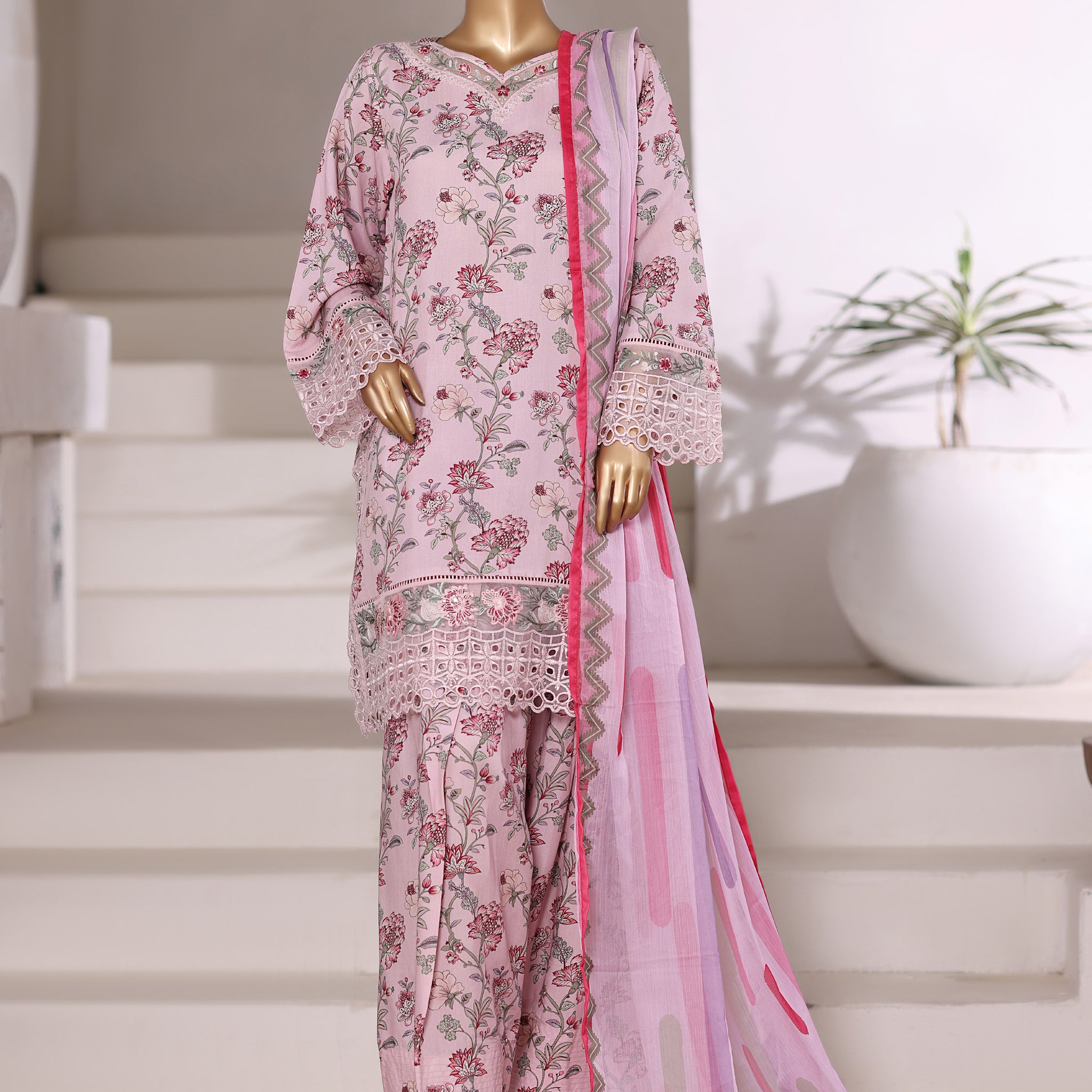 Sadabahar Malika Viscose Short Length Farshi Shalwar With Chiffon Printed Dupatta 3Piece Stitched Collection 2025 T.pink Color SDMVS- 004