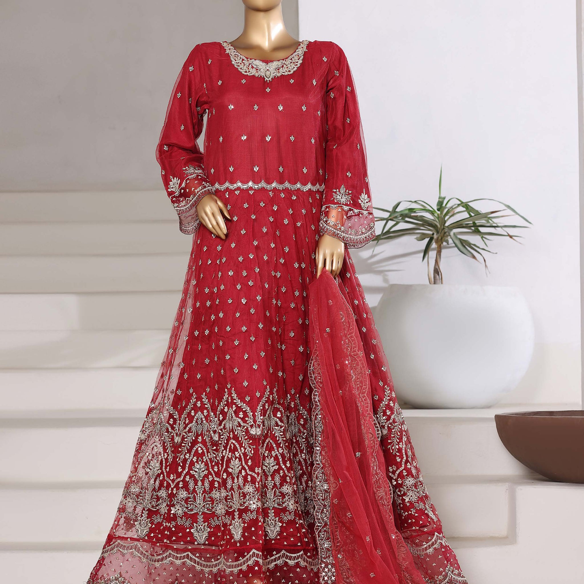 Mahpara By Sadabahar Handwork Embroidered Net Stitched 3 Piece Frock - D-04 - SB25MFF - Mahroon- Festive Collection 2025