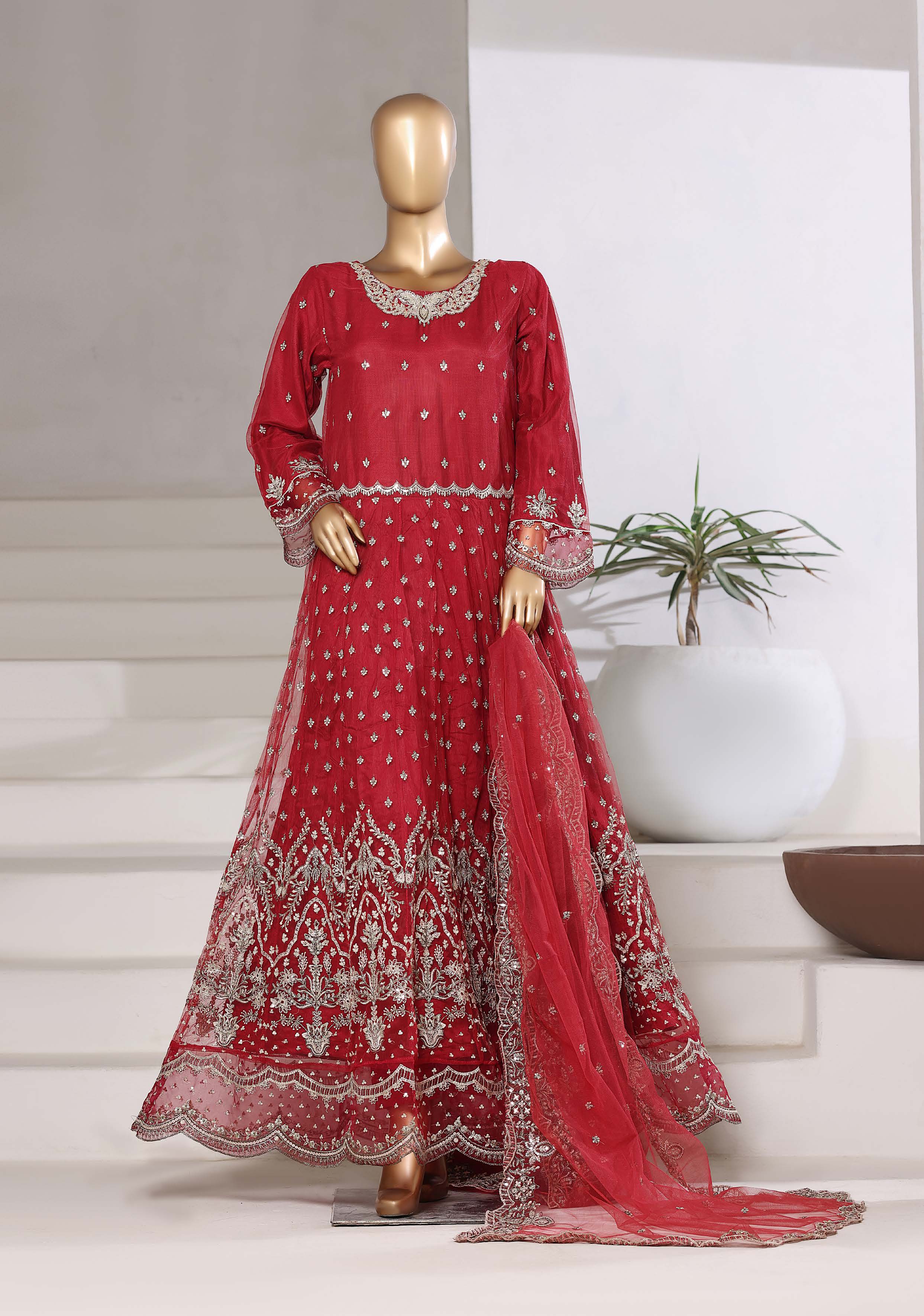 Mahpara By Sadabahar Handwork Embroidered Net Stitched 3 Piece Frock - D-04 - SB25MFF - Mahroon- Festive Collection 2025