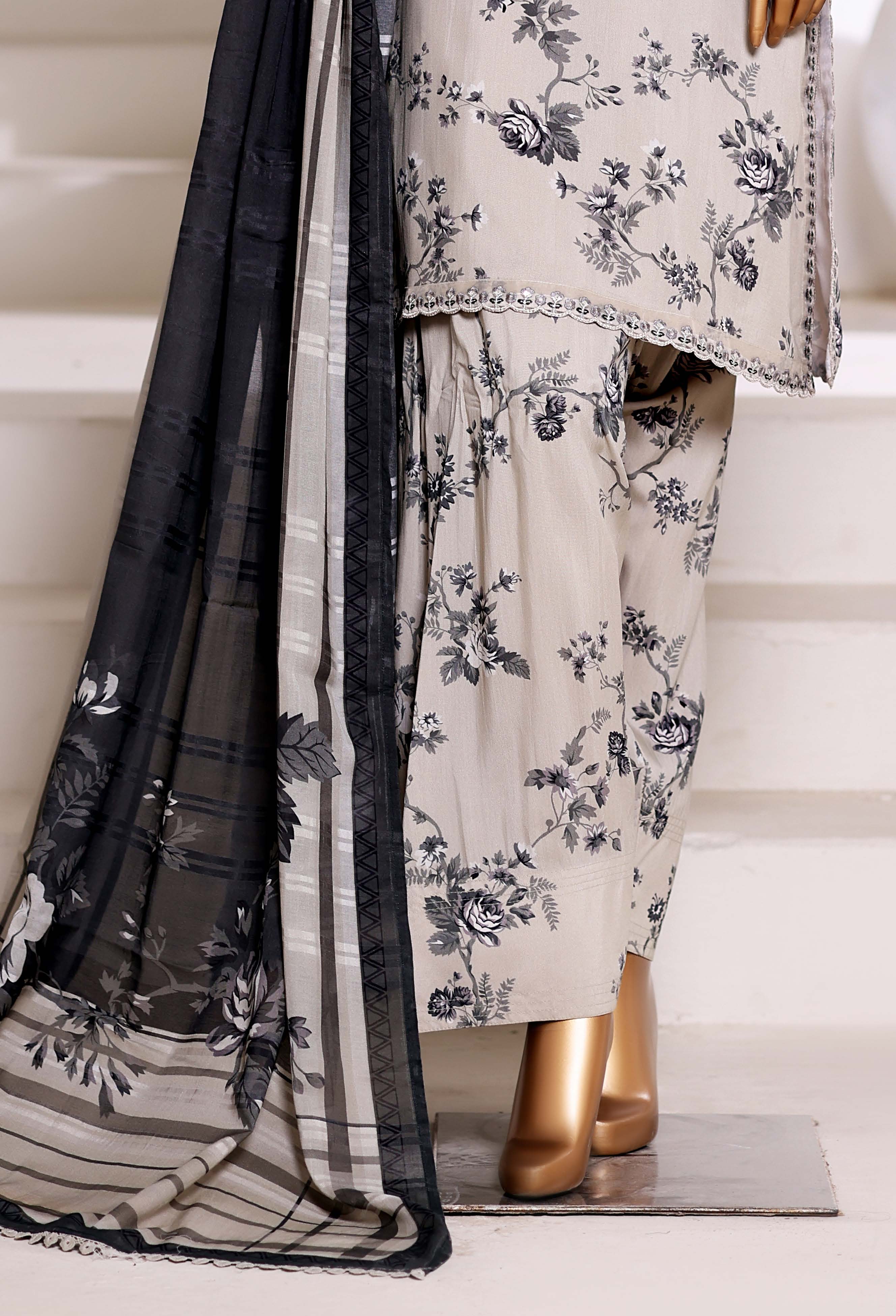 Sadabahar Malika Viscose Short Length Farshi Shalwar With Chiffon Printed Dupatta  3Piece Stitched Vol-02 Collection 2025 Cream Color SDMVS- 010