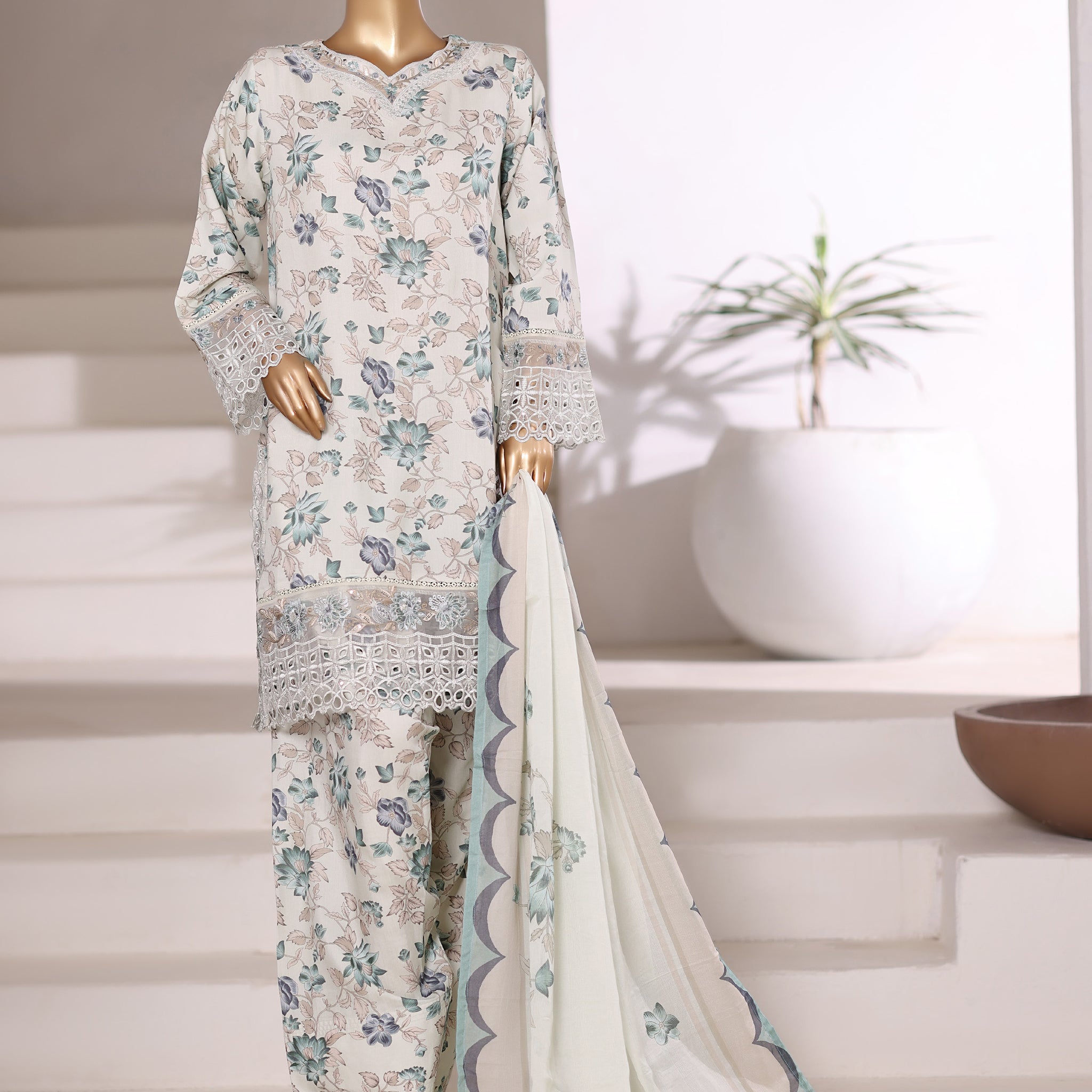 Sadabahar Malika Viscose Short Length Farshi Shalwar With Chiffon Printed Dupatta 3Piece Stitched Collection 2025 Mint Color SDMVS- 003