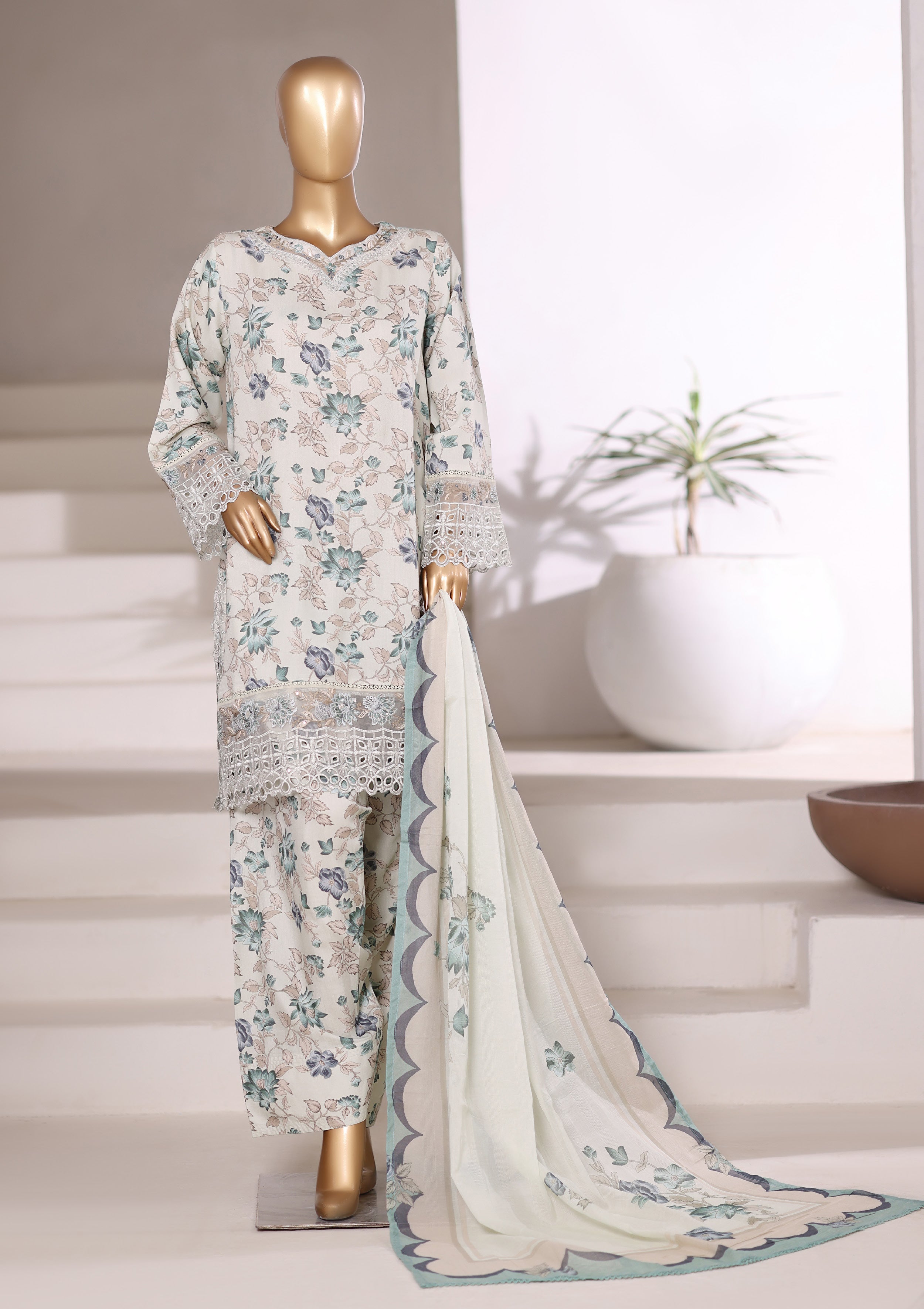 Sadabahar Malika Viscose Short Length Farshi Shalwar With Chiffon Printed Dupatta 3Piece Stitched Collection 2025 Mint Color SDMVS- 003