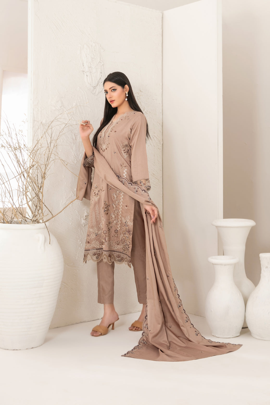 Tawakkal Dhoop Kinara Slub Viscous Embroidery 3Piece Unstitched Collection 2025 D-08