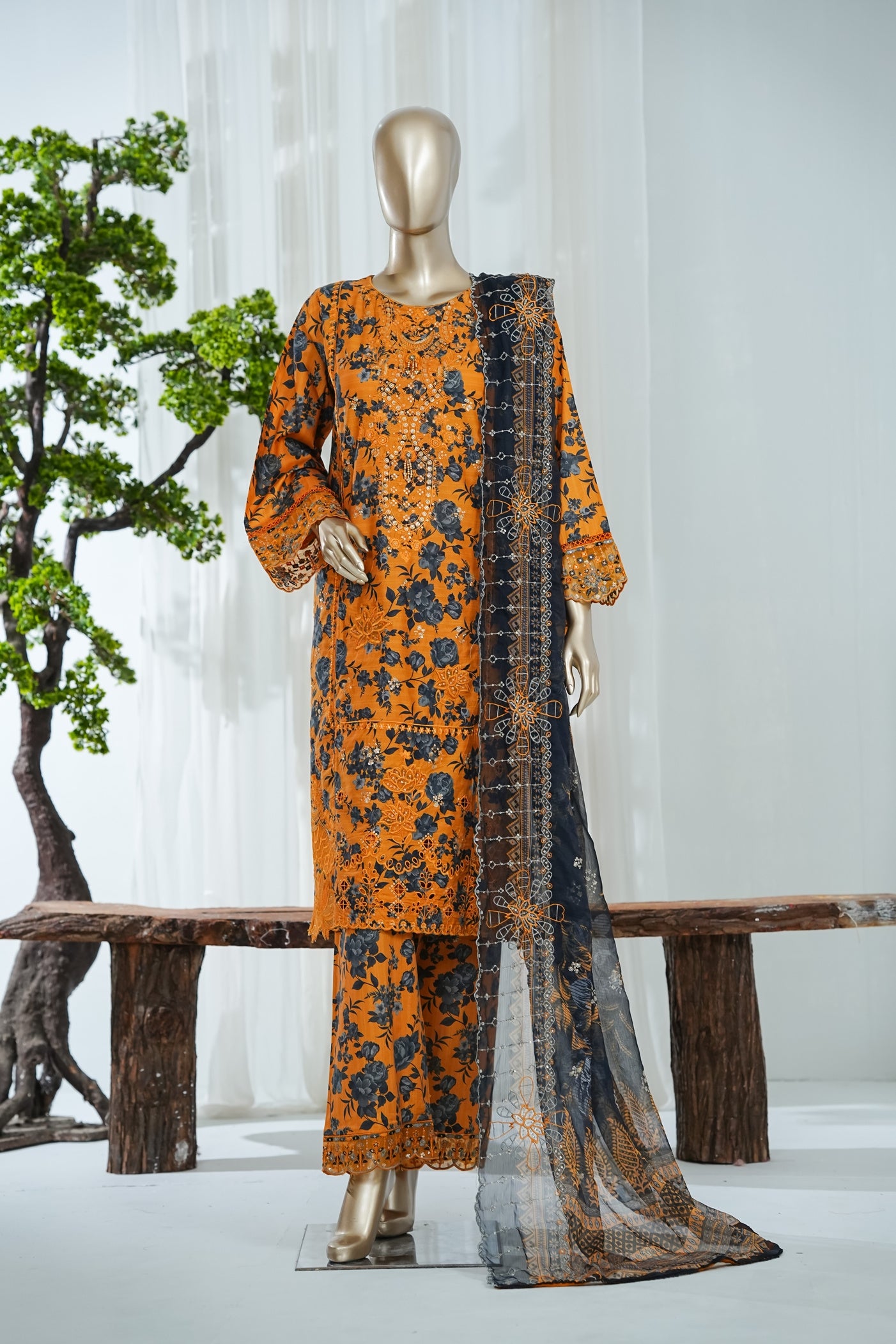 Bin Saeed Luxury Laserkari Chikenkari Lawn With Digital Printed With Embroidery Lawn Dupatta 3Piece Stitched Vol-02 Collection 2026.D#-12