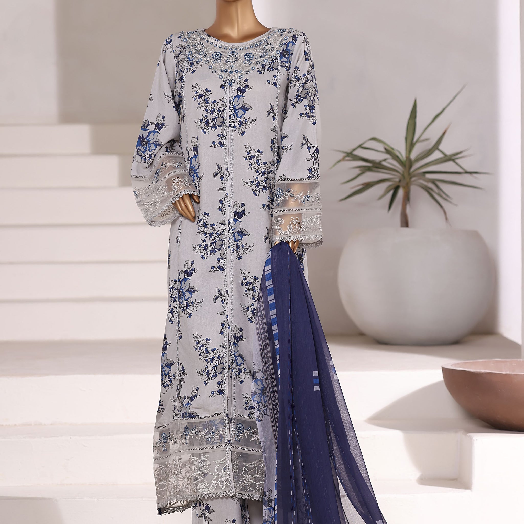 Sadabahar Malika Viscose Long Length With Chiffon Printed Dupatta 3Piece Stitched Collection 2025 Light Grey SDMVL- 005