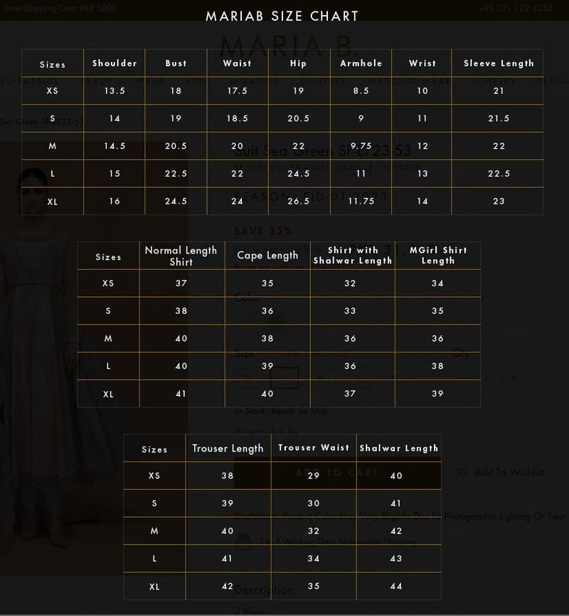 Maria B Luxury 3Piece Rtw Lawn Collection Collection 2025 MBLE-3212 Size Chart