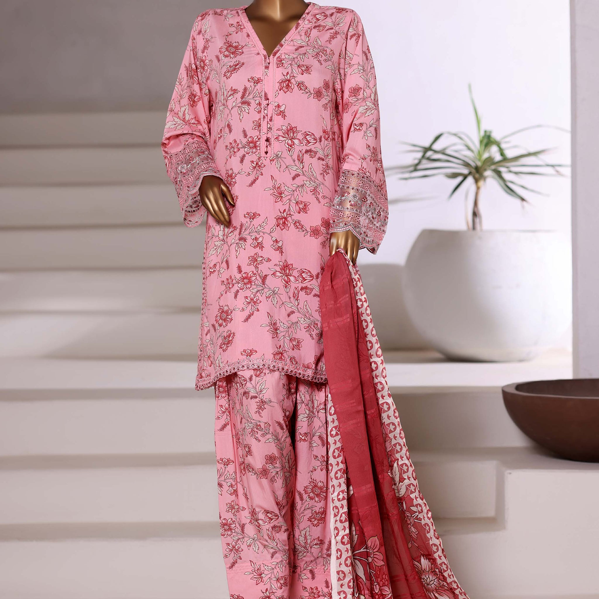 Sadabahar Malika Viscose Short Length Farshi Shalwar With Chiffon Printed Dupatta  3Piece Stitched Vol-02 Collection 2025 T.Pink Color SDMVS- 007
