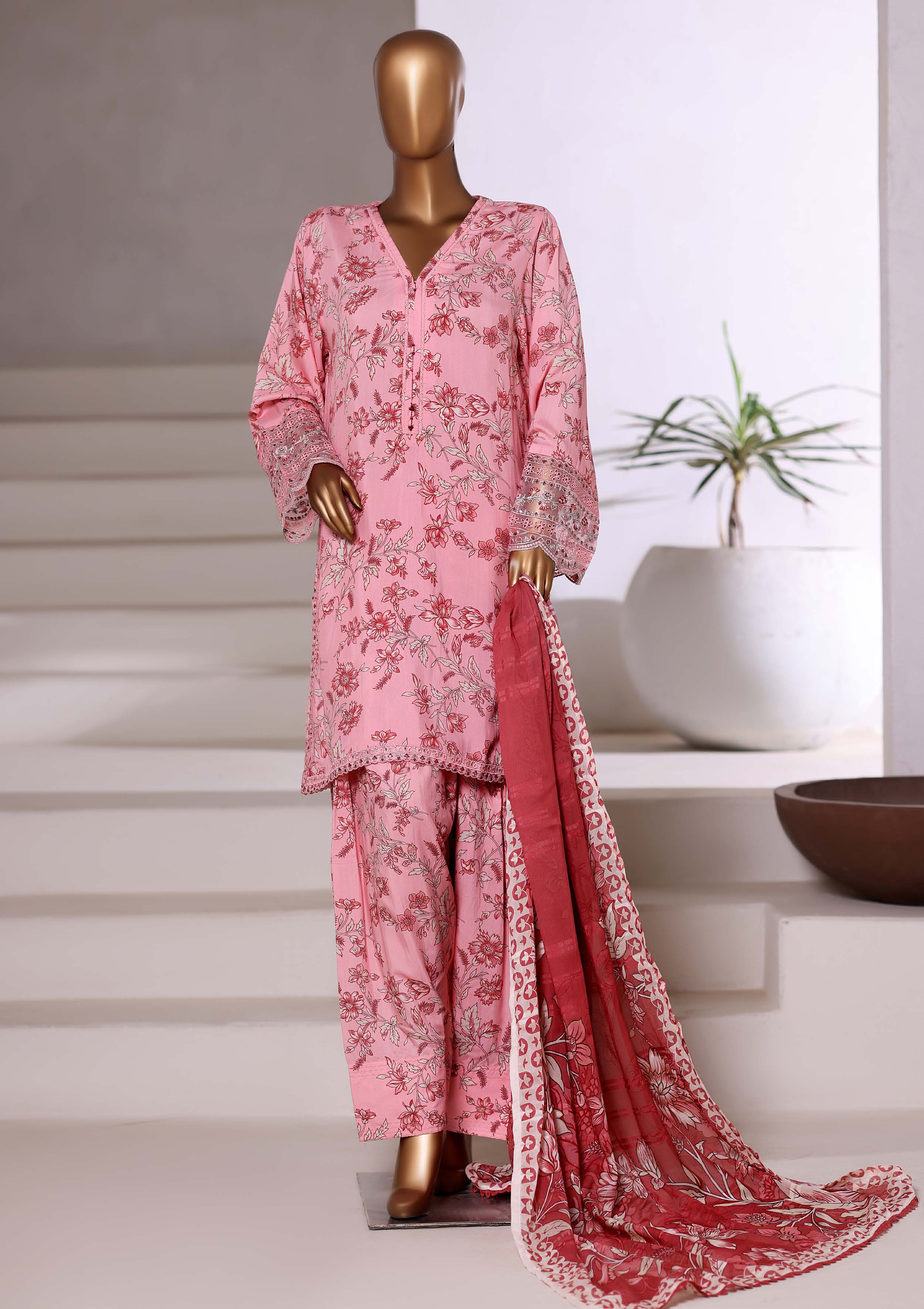 Sadabahar Malika Viscose Short Length Farshi Shalwar With Chiffon Printed Dupatta  3Piece Stitched Vol-02 Collection 2025 T.Pink Color SDMVS- 007