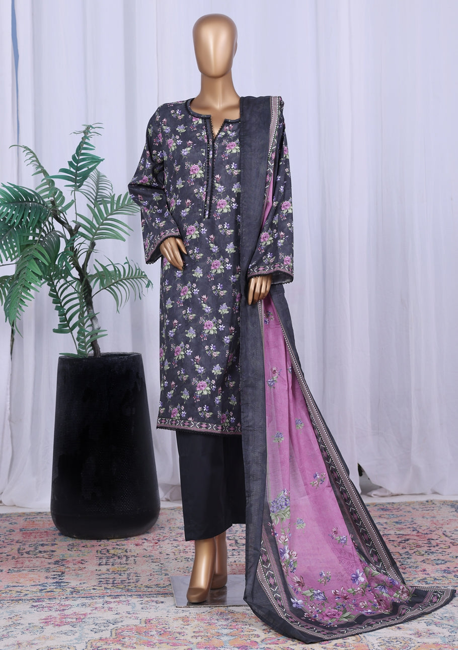 BIN SAEED Printed Cotton 3pcs Stitched Vol-10 3Piece Stitched COLLECTION 2025 D-01 Black