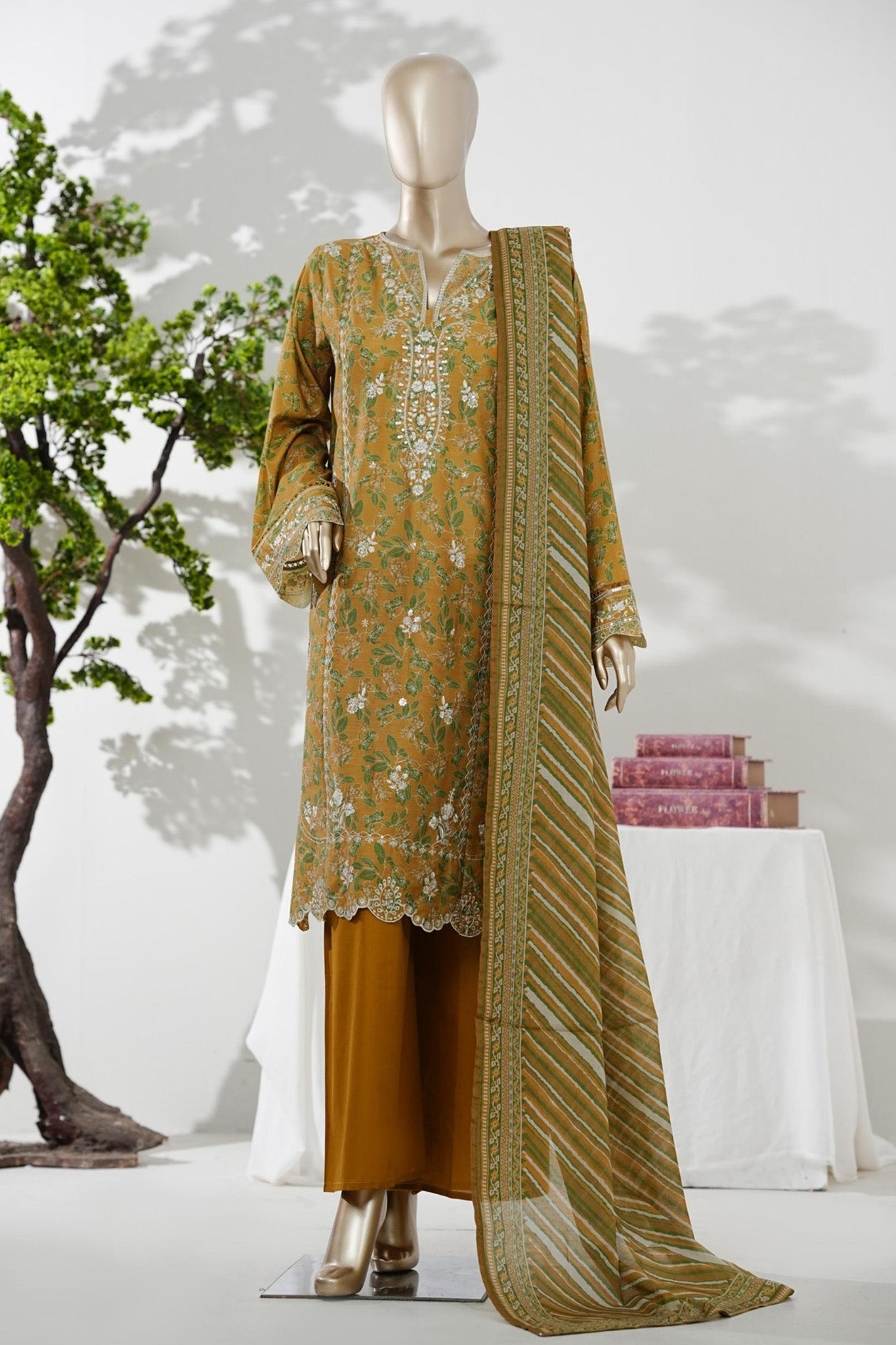 Bin Saeed Stitched 3 Piece Embroidery Lawn Short Length With Broad Flapper Eid Edition Collection 2026 D#01